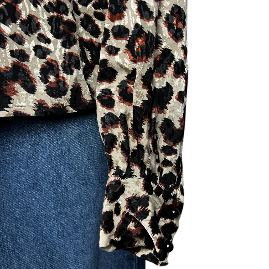 Kitri London Leopard Jacquard Pussy-Bow Blouse – V-Neck Balloon Sleeve Top, S