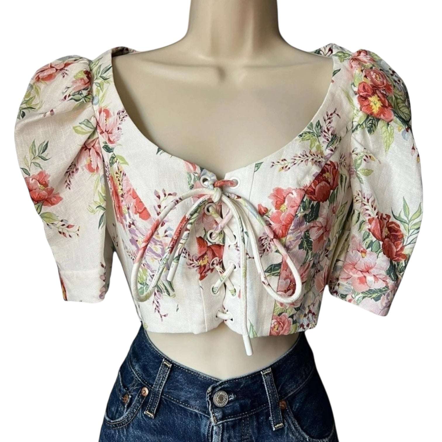 Zimmermann Linen Crop Top – Floral Print, Cottage Boho Chic, Size 0 – pre-loved