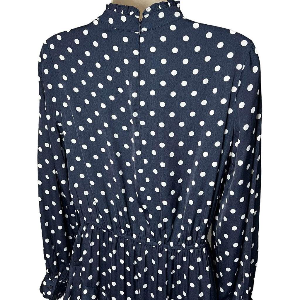 Essentiel Antwerp Polka Dot Midi Dress – Ruffle High Neck, Tiered Skirt, Navy, EU36 – pre-loved