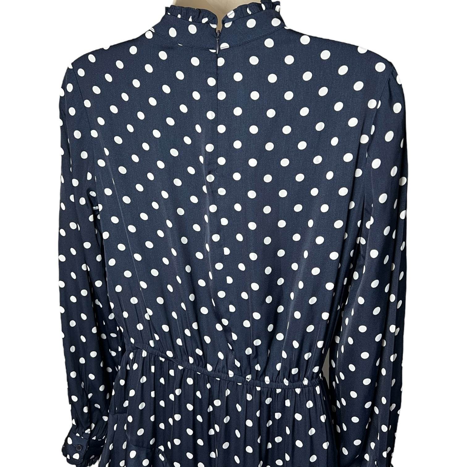 Essentiel Antwerp Polka Dot Midi Dress – Ruffle High Neck, Tiered Skirt, Navy, EU36 – pre-loved