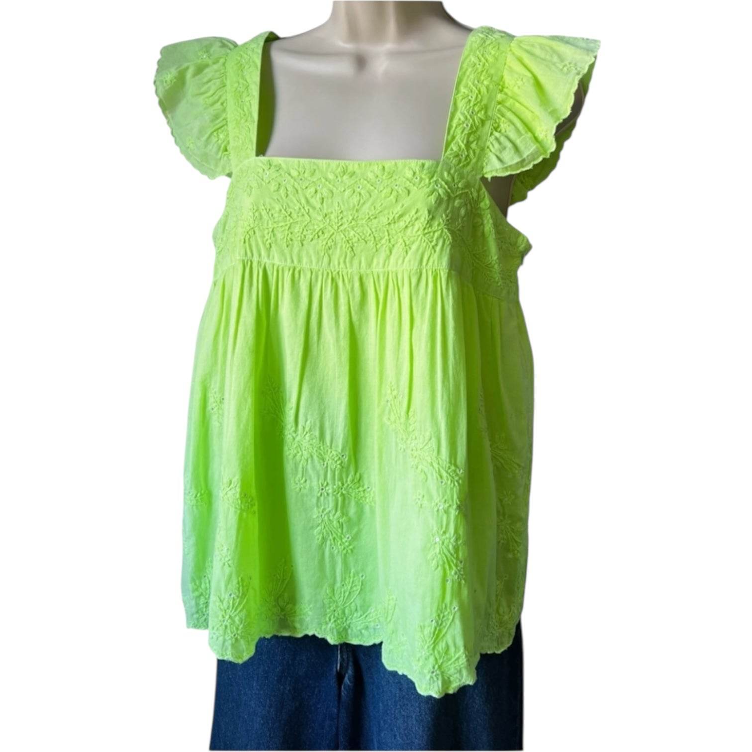 Juliet Dunn Neon Embroidered Babydoll Top – Scalloped Hem, Size 1 (UK8) – pre-loved