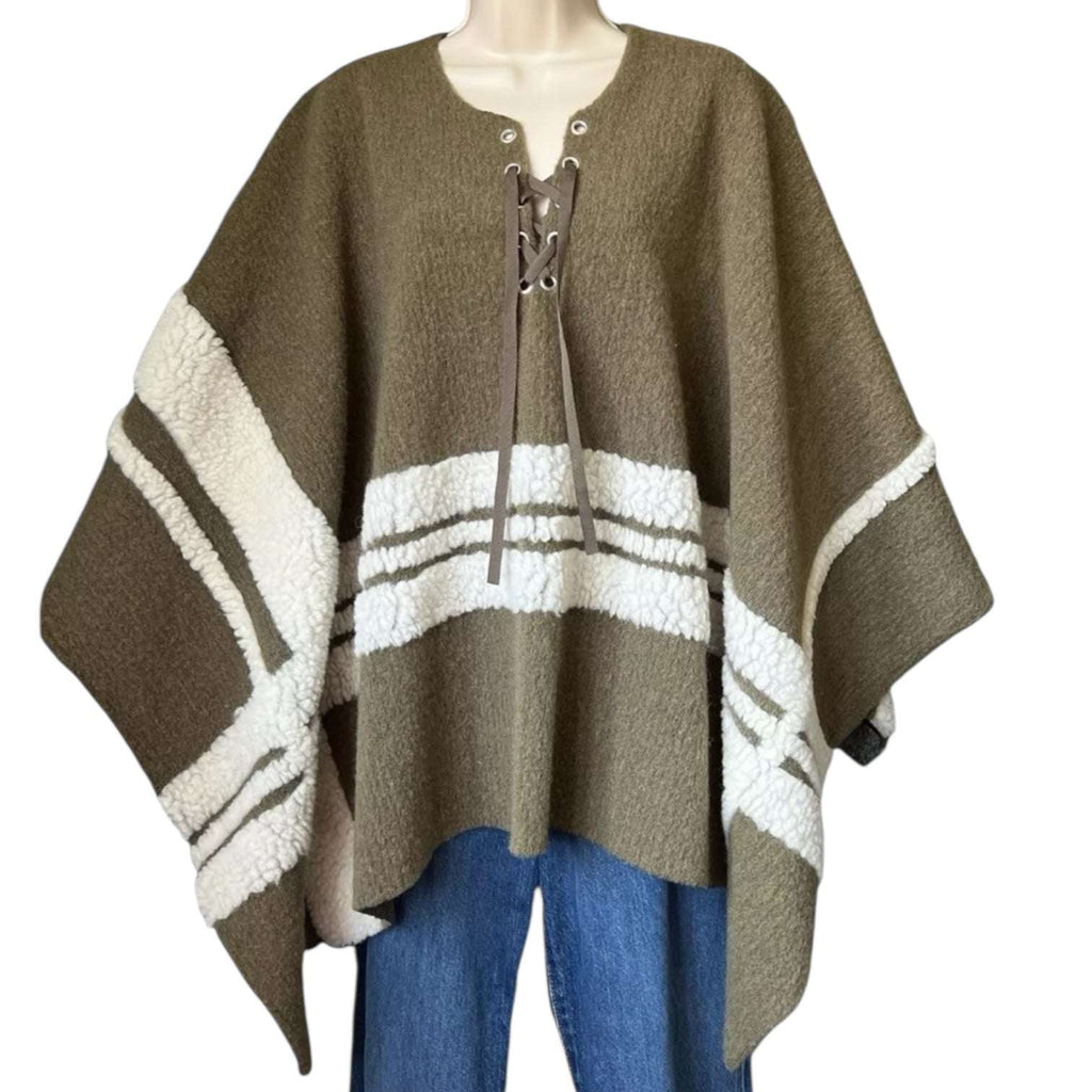 Maje Wool-Blend Shearling Knit Poncho – Khaki Green, OS (Fits XS–L) – pre-loved