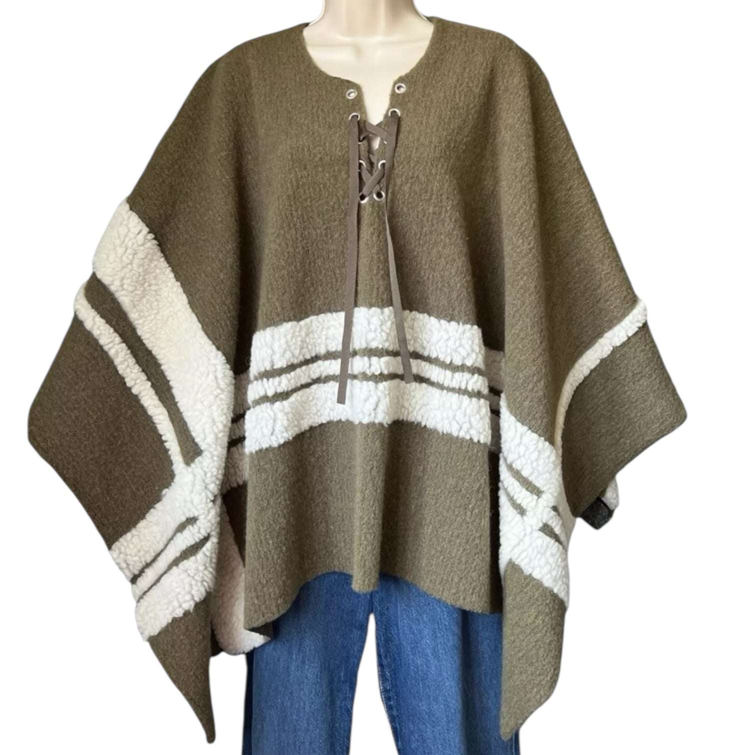 Maje Wool-Blend Shearling Knit Poncho – Khaki Green, OS (Fits XS–L) – pre-loved