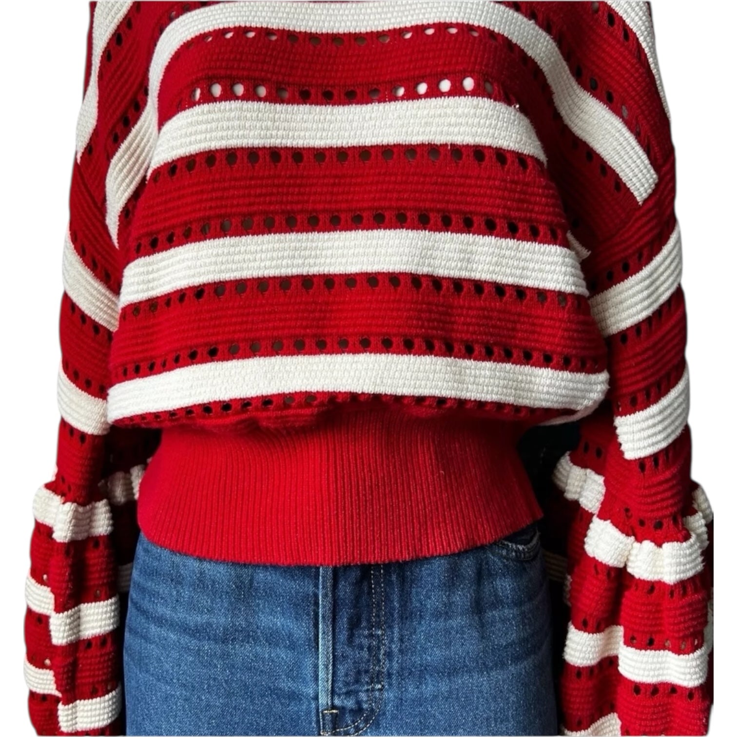 Self-Portrait Open-Knit Puff Sleeve Crop Jumper – Striped, Size L – pre-loved