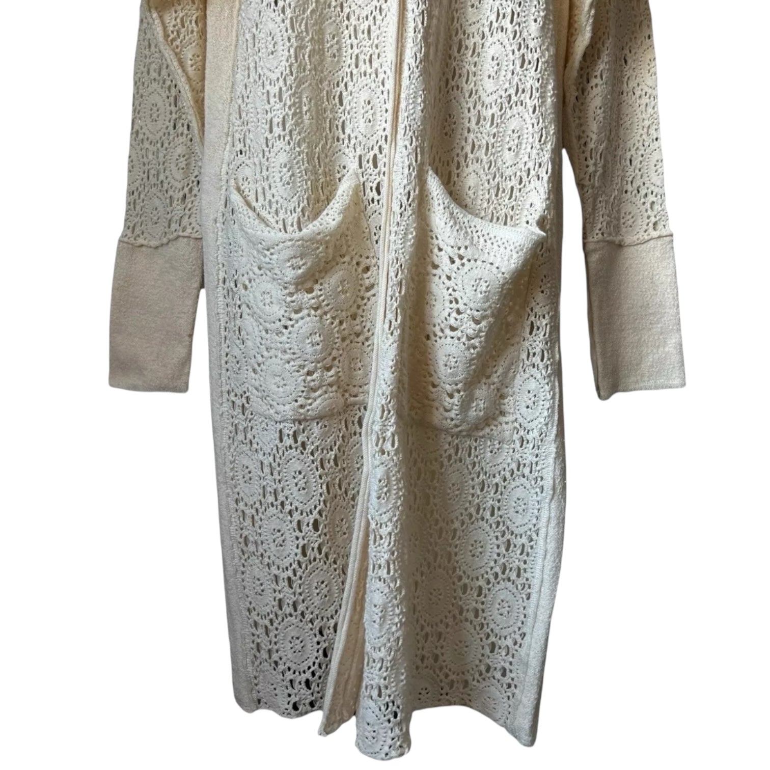 Free People Crochet Lace Duster – Boho Coastal Cardigan, Relaxed Fit, Cotton, Size S – pre-loved