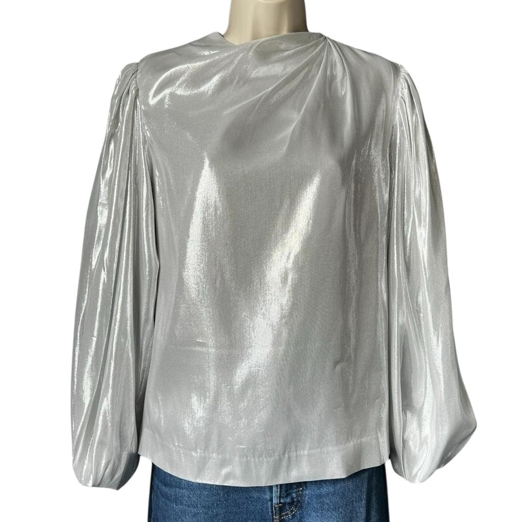 By Malina Metallic Silk Blend Draped Long Balloon Sleeve Blouse – XS