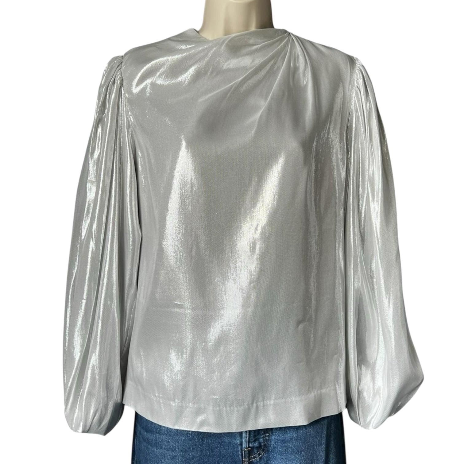 By Malina Metallic Silk Blend Draped Long Balloon Sleeve Blouse – XS