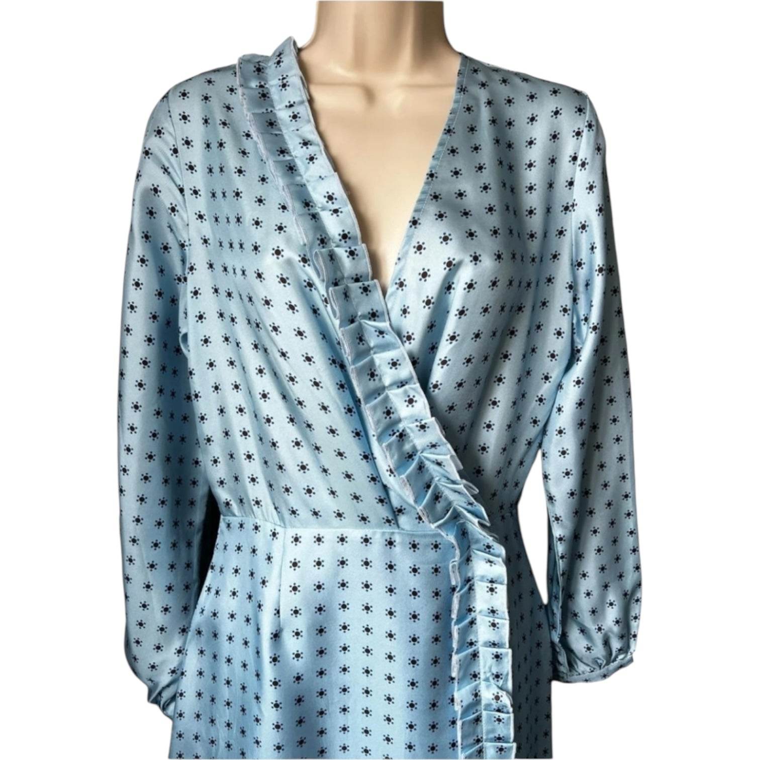 Lisou Silk Shirt Dress – Comet Print, Ruffle Trim, Blue, UK6 – pre-loved