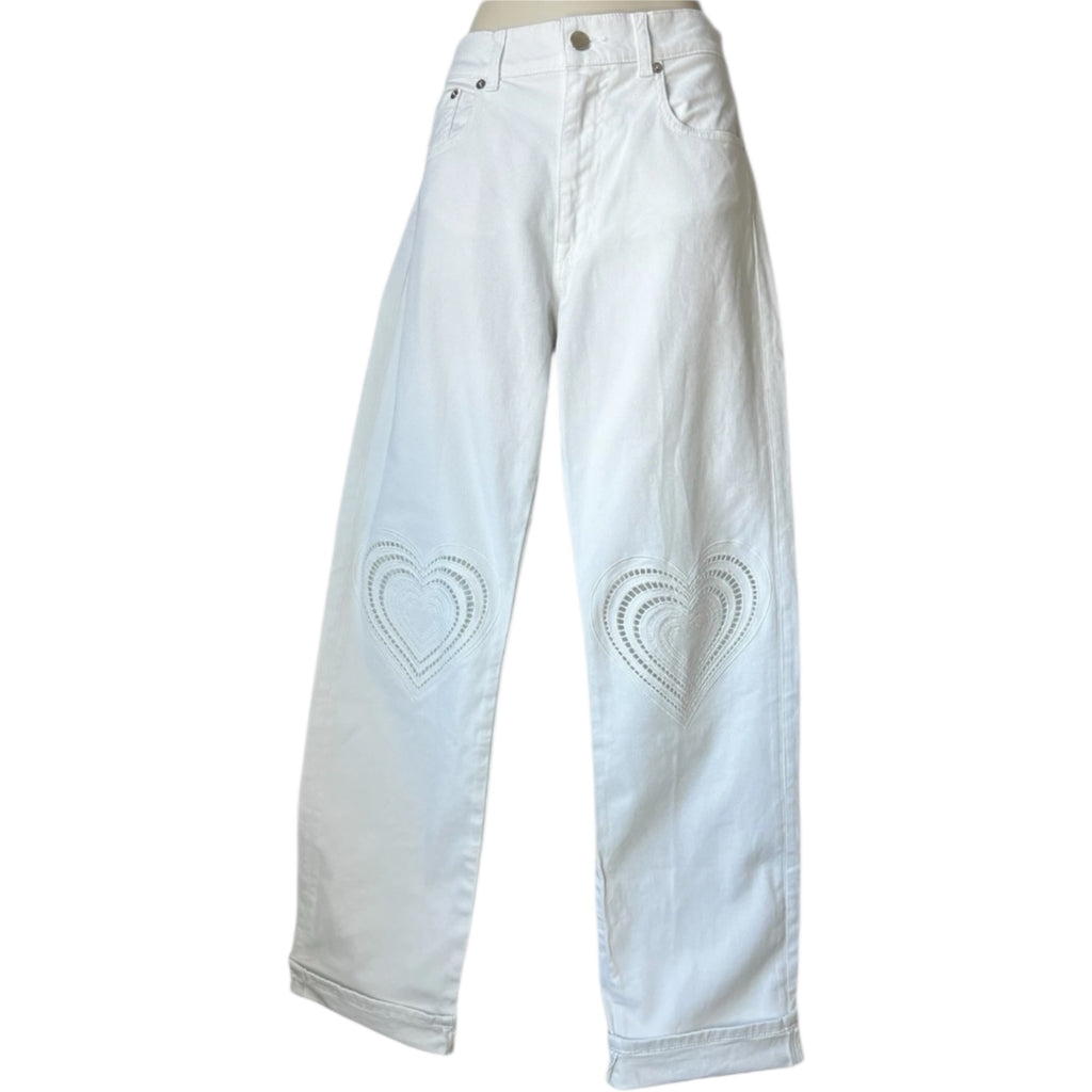 Christopher Kane Heart Embroidered Straight Boyfriend Jeans – White, Sz 25