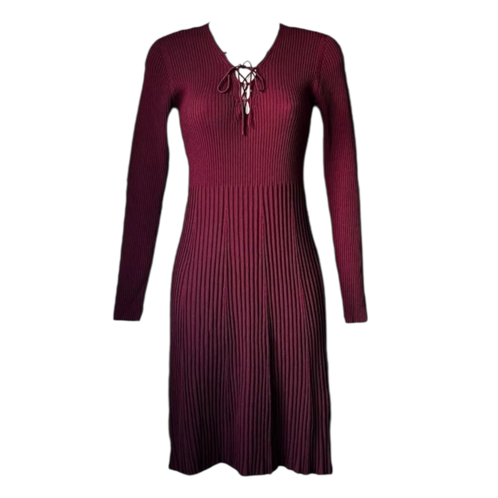 Sandro Paris Ribbed Knit Lace-Up Mini Dress – Burgundy Red, Size 3 (UK12)