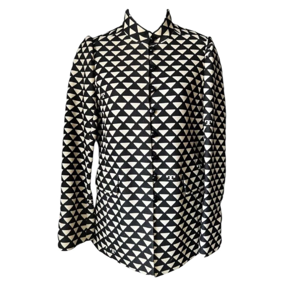 Tory Burch Triangle Geo Twill Crepe Jacket – Structured, Beige/Black, Size US 4 – pre-loved