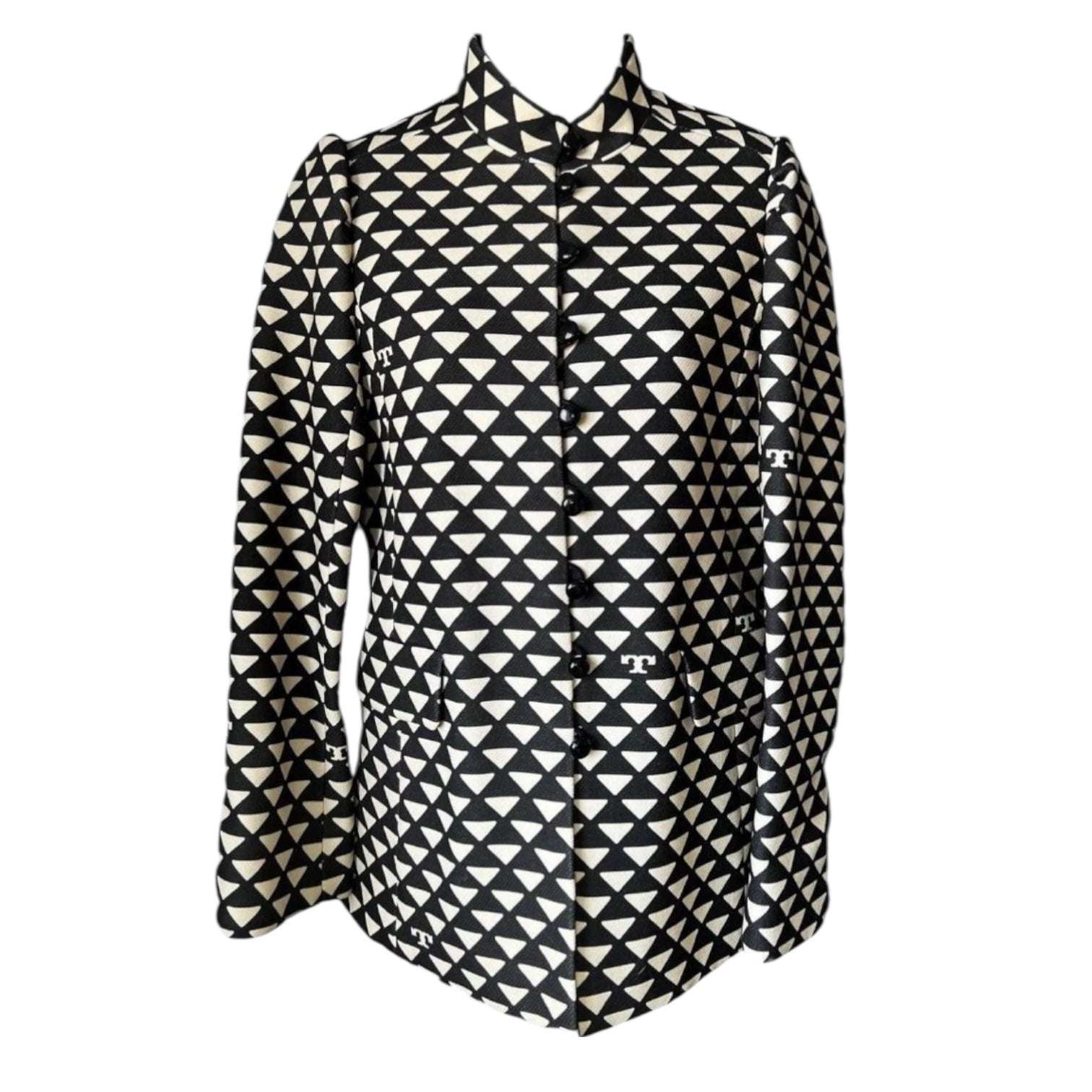 Tory Burch Triangle Geo Twill Crepe Jacket – Structured, Beige/Black, Size US 4 – pre-loved