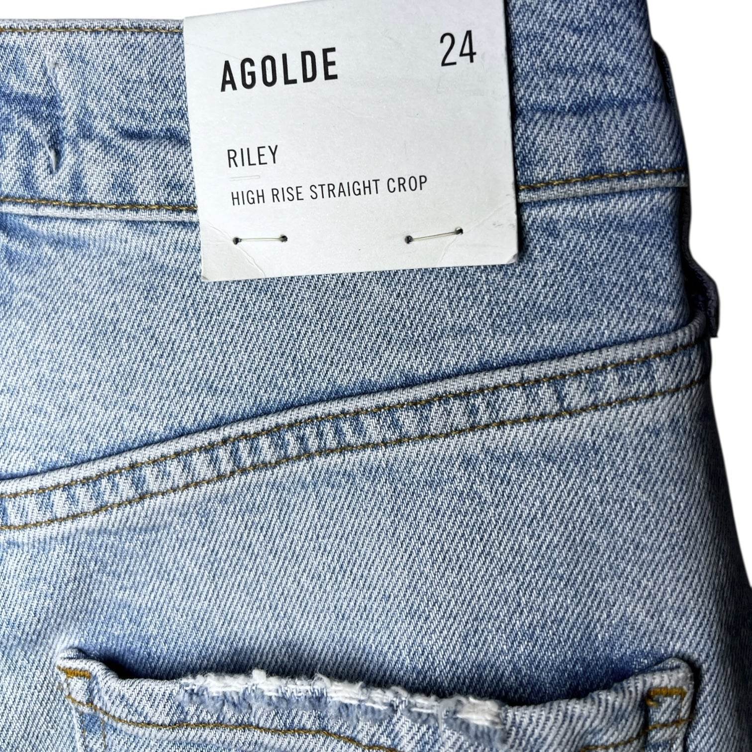 Agolde Riley Crop High Rise Straight Jeans – Distressed Raw Hem, Bitter, Size 24 – pre-loved