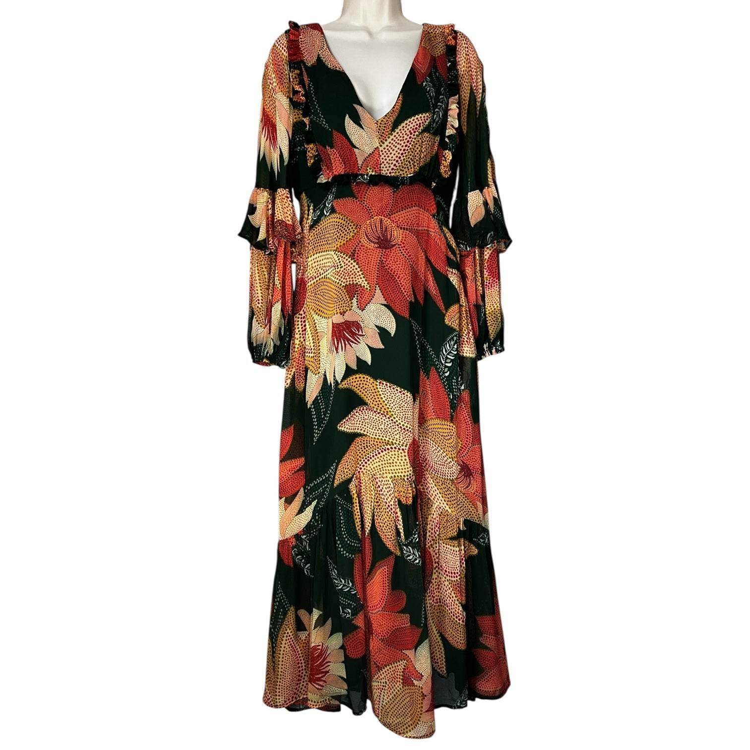 Farm Rio Floral Ruffle Maxi Dress – Balloon Long Sleeves, XS – pre-loved