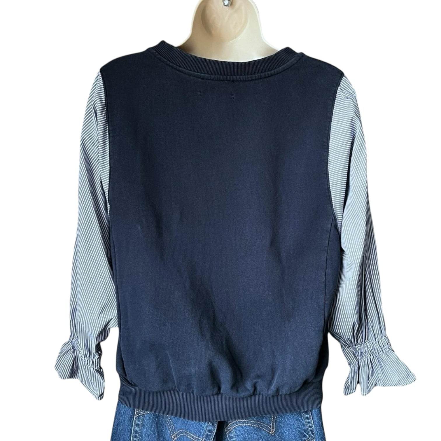 Essentiel Antwerp Cotton Sweatshirt – Striped Poplin Sleeves, Relaxed Fit, UK 8 – pre-loved