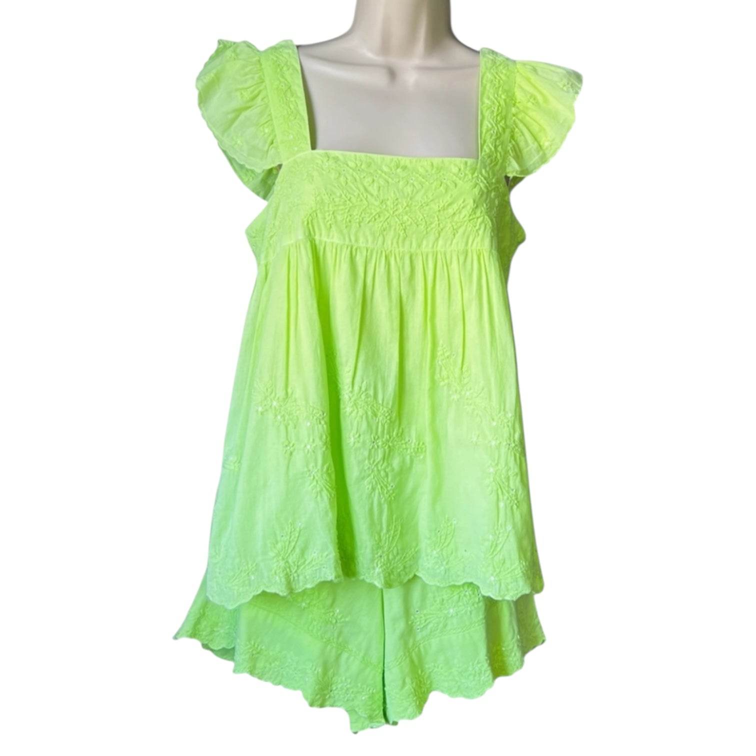 Juliet Dunn Neon Embroidered Babydoll Top – Scalloped Hem, Size 1 (UK8) – pre-loved