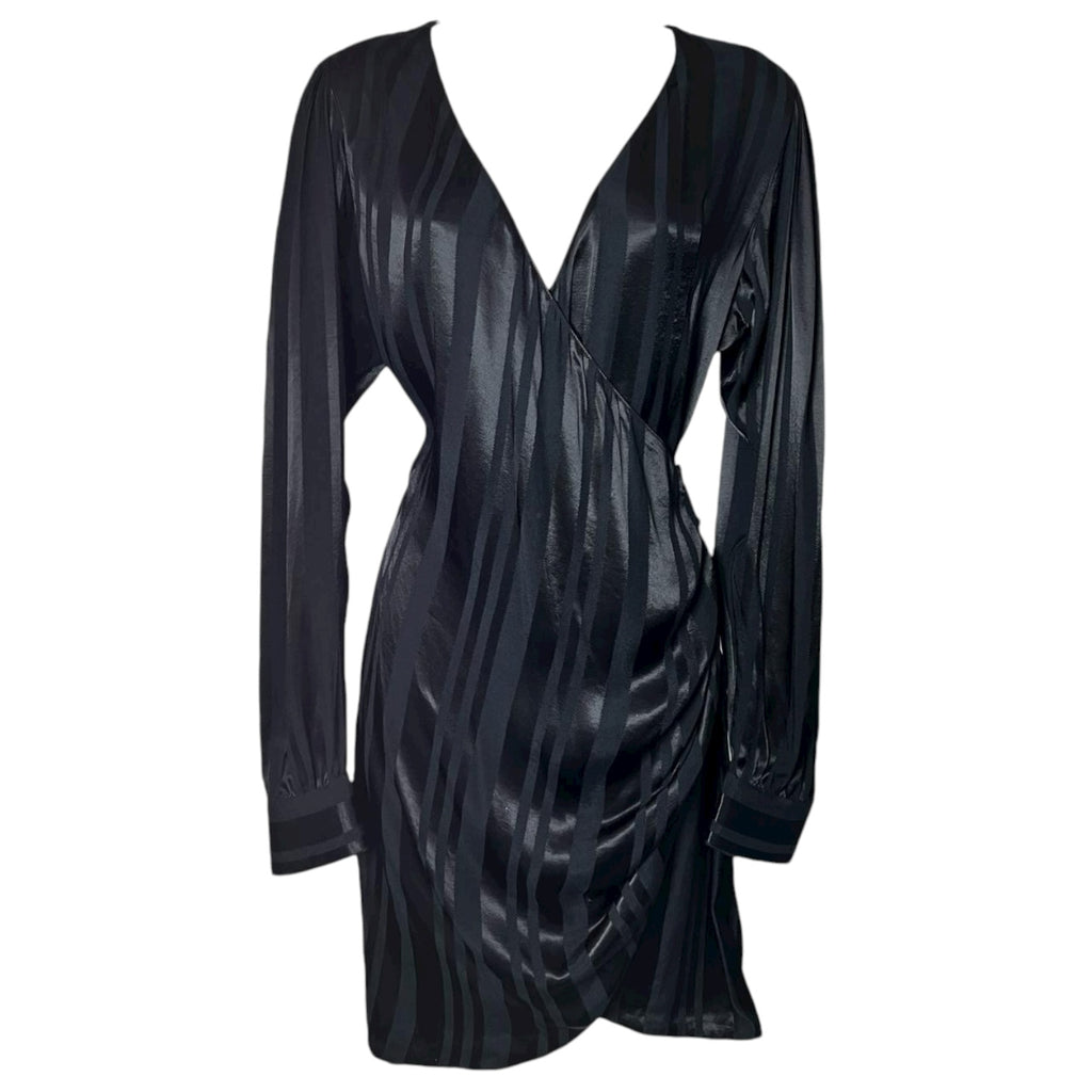 Anine Bing Black Satin-Jacquard Wrap Mini Dress – M
