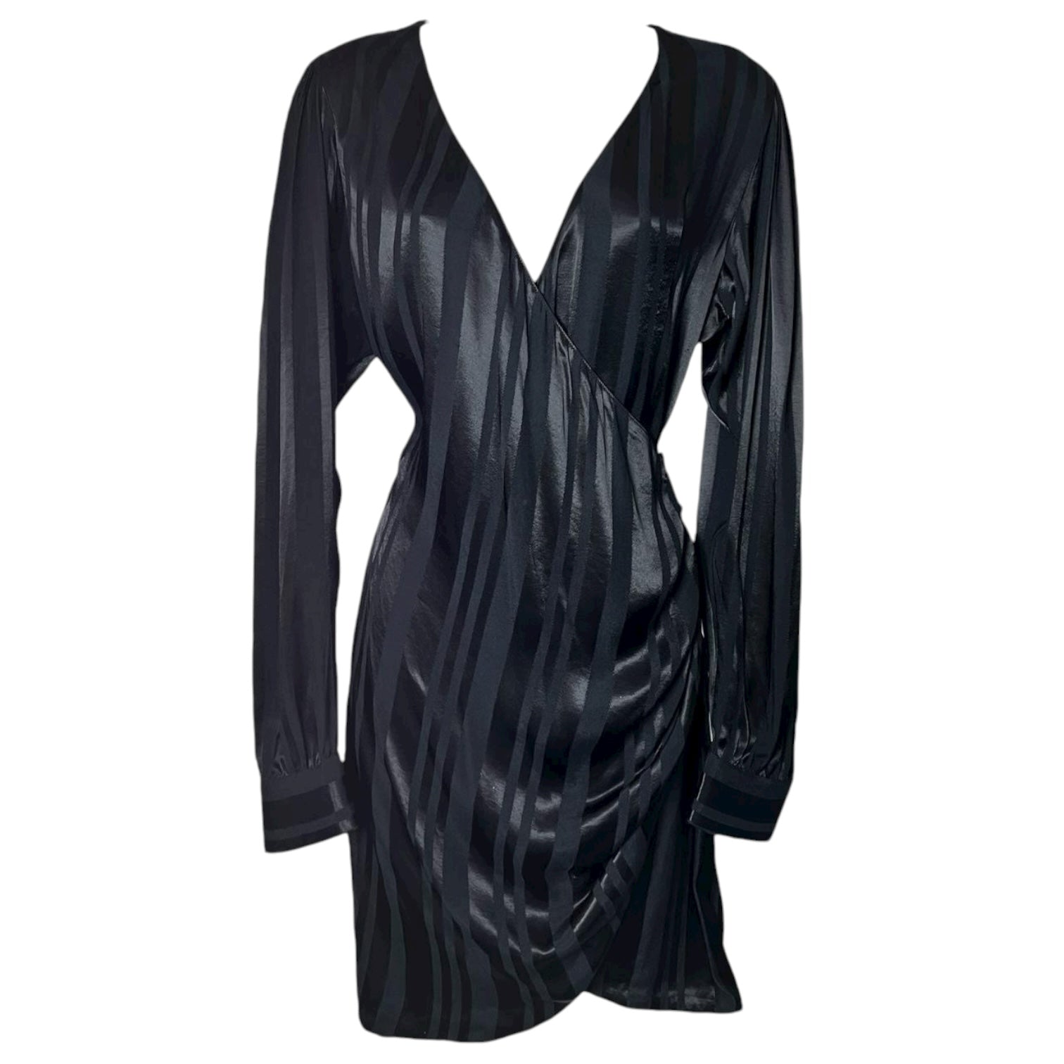 Anine Bing Black Satin-Jacquard Wrap Mini Dress – M