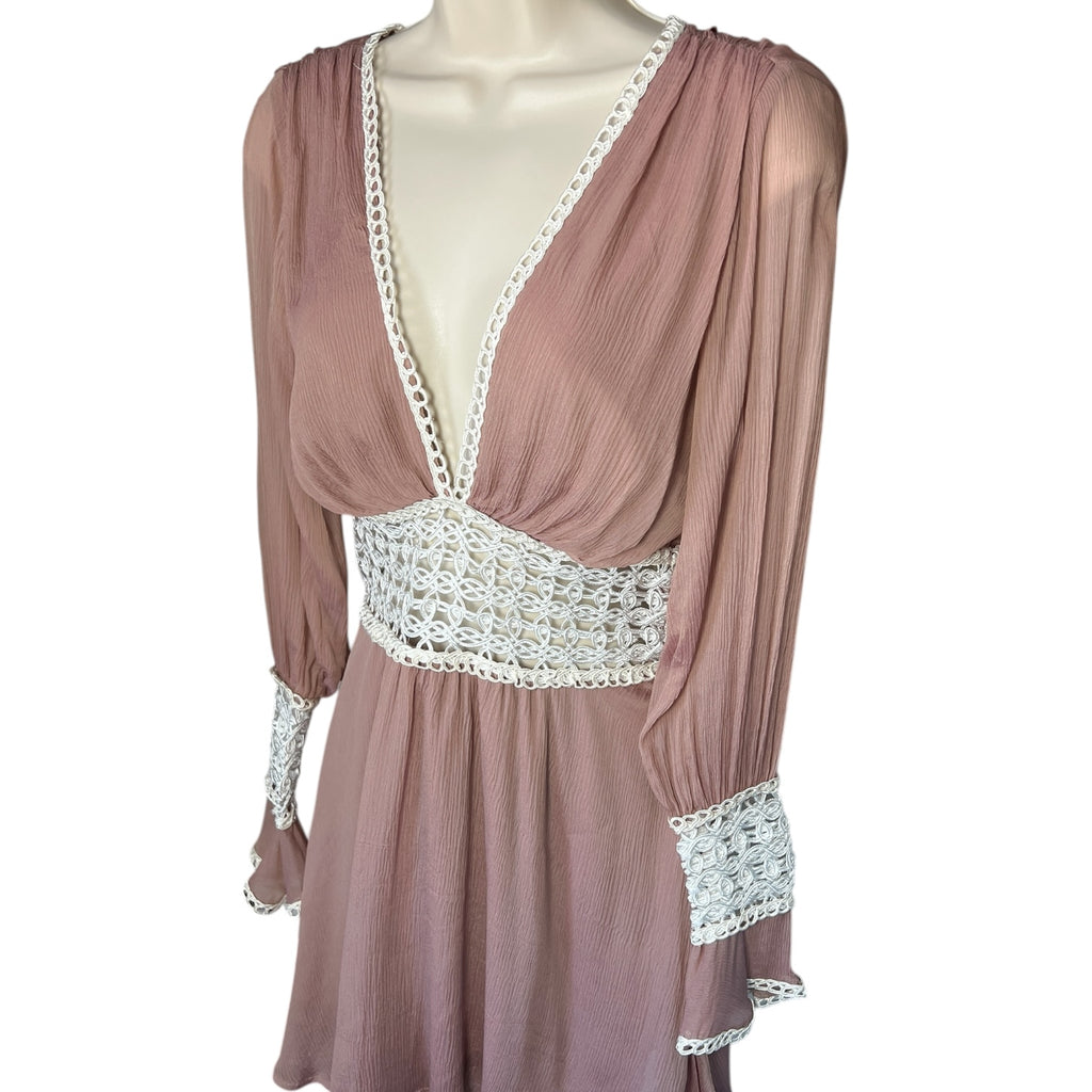 For Love & Lemons Silk Lace V Neck Long Sleeve Mini Dress – Blush Pink, XS