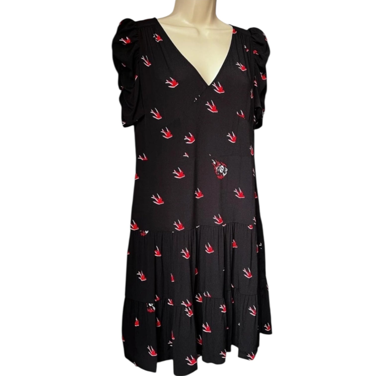 McQ Alexander McQueen Swallow Print Mini Dress – Black & Red, IT38 / UK6 – pre-loved