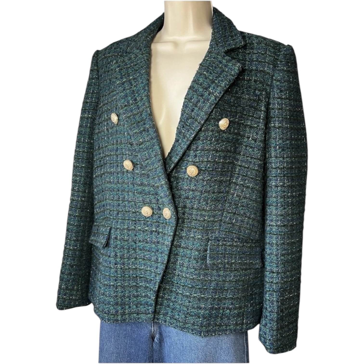 Generation Love Kaya Blazer – Metallic Hunter Green Tweed, Size L – pre-loved