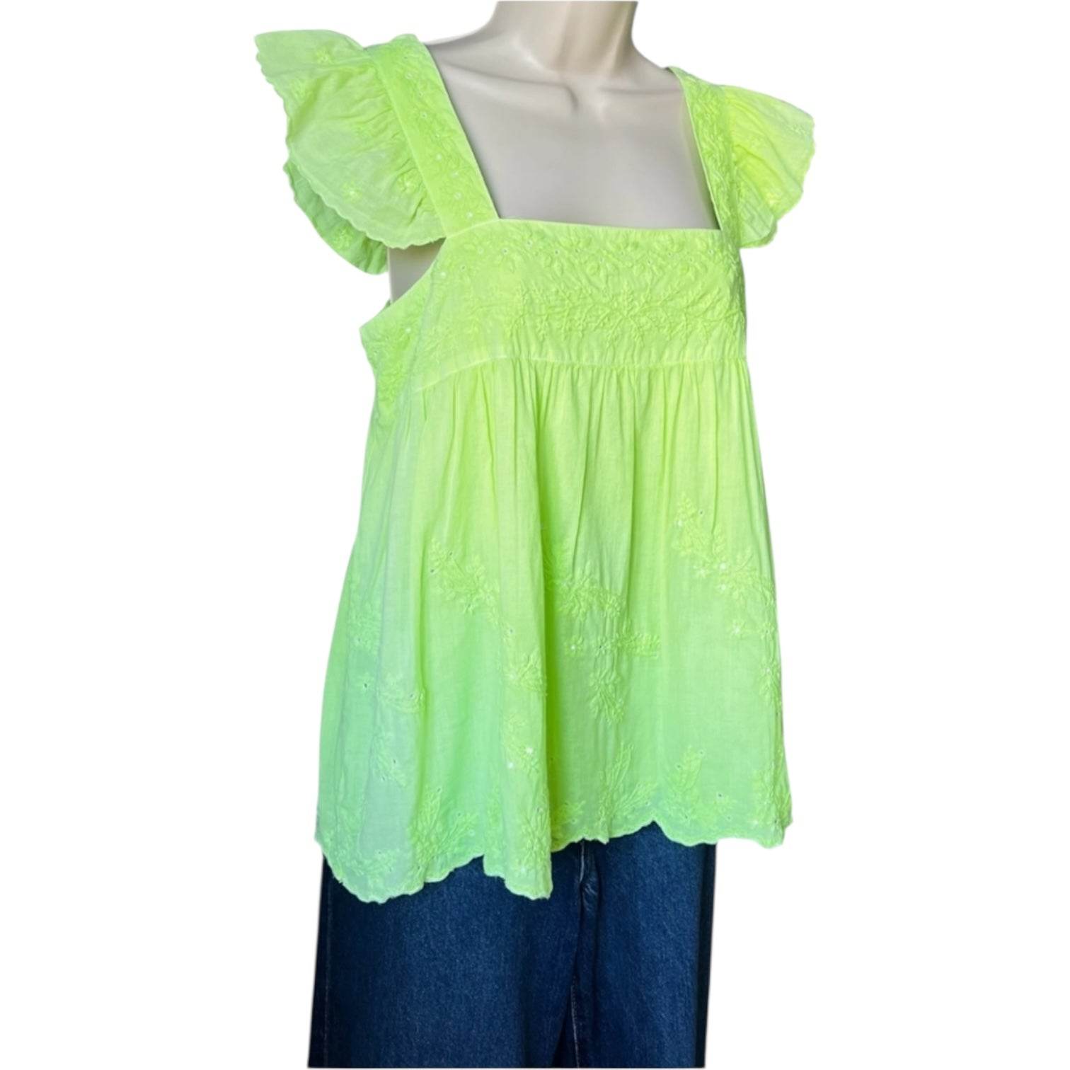 Juliet Dunn Neon Embroidered Babydoll Top – Scalloped Hem, Size 1 (UK8) – pre-loved