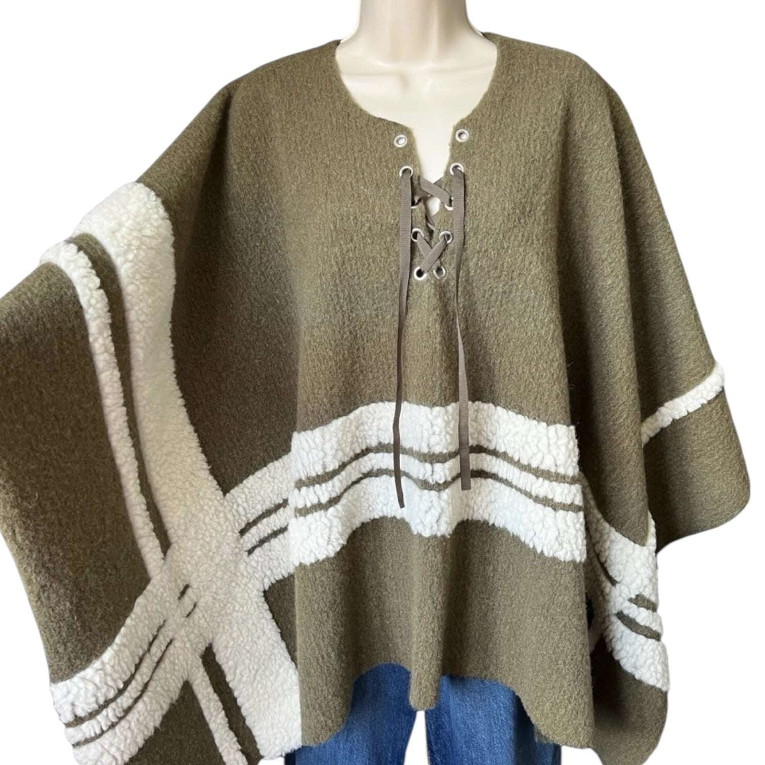 Maje Wool-Blend Shearling Knit Poncho – Khaki Green, OS (Fits XS–L) – pre-loved