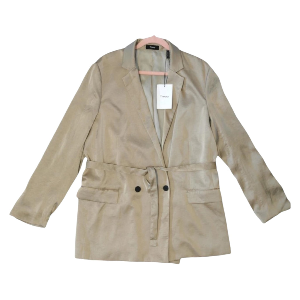 Theory Double-Breasted Belted Blazer – Crushed Satin, Size L – pre-loved
