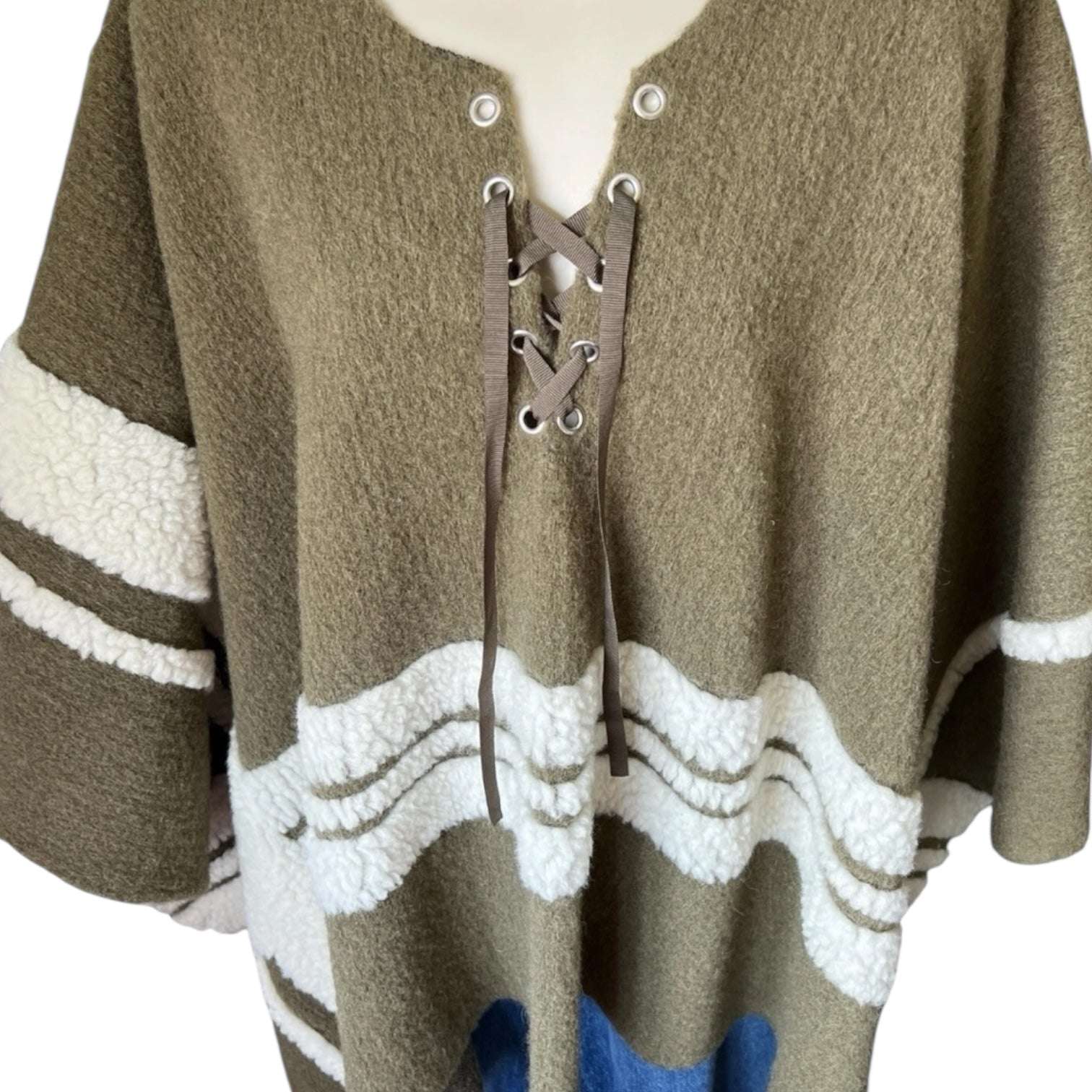 Maje Wool-Blend Shearling Knit Poncho – Khaki Green, OS (Fits XS–L) – pre-loved