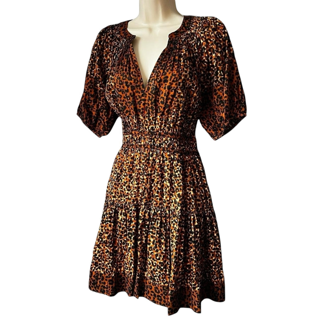 Ulla Johnson Mariana Leopard Print Tiered Cotton Mini Dress – US6