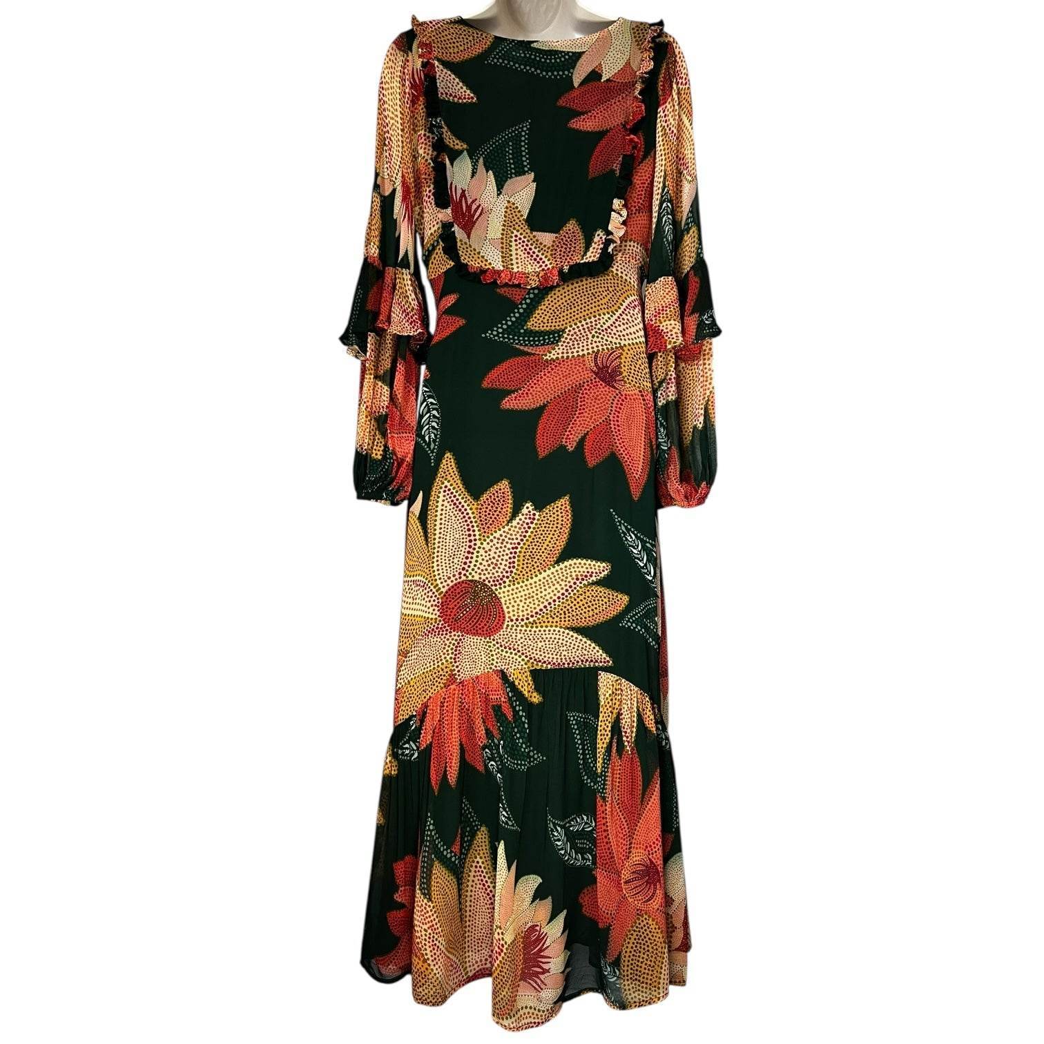 Farm Rio Floral Ruffle Maxi Dress – Balloon Long Sleeves, XS – pre-loved