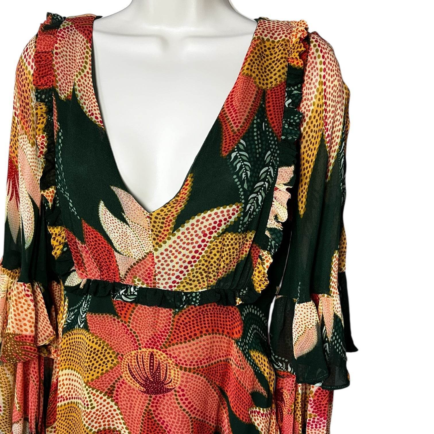 Farm Rio Floral Ruffle Maxi Dress – Balloon Long Sleeves, XS – pre-loved