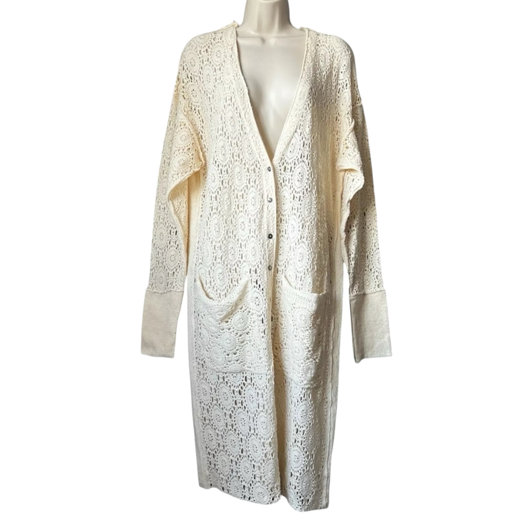 Free People Crochet Lace Duster – Boho Coastal Cardigan, Relaxed Fit, Cotton, Size S – pre-loved
