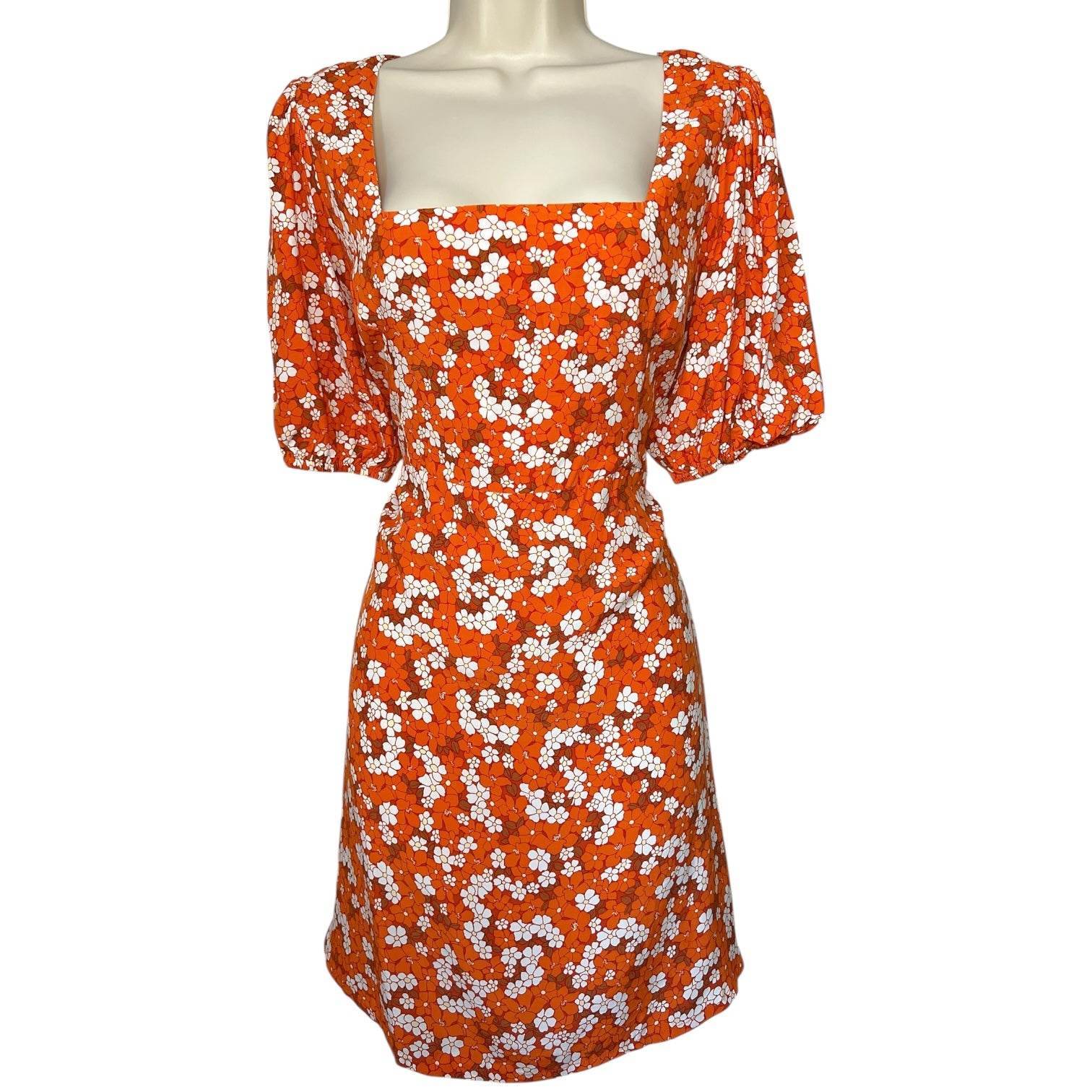 Faithfull The Brand Floral Mini Dress – Puff Sleeves, Open Back, M – pre-loved
