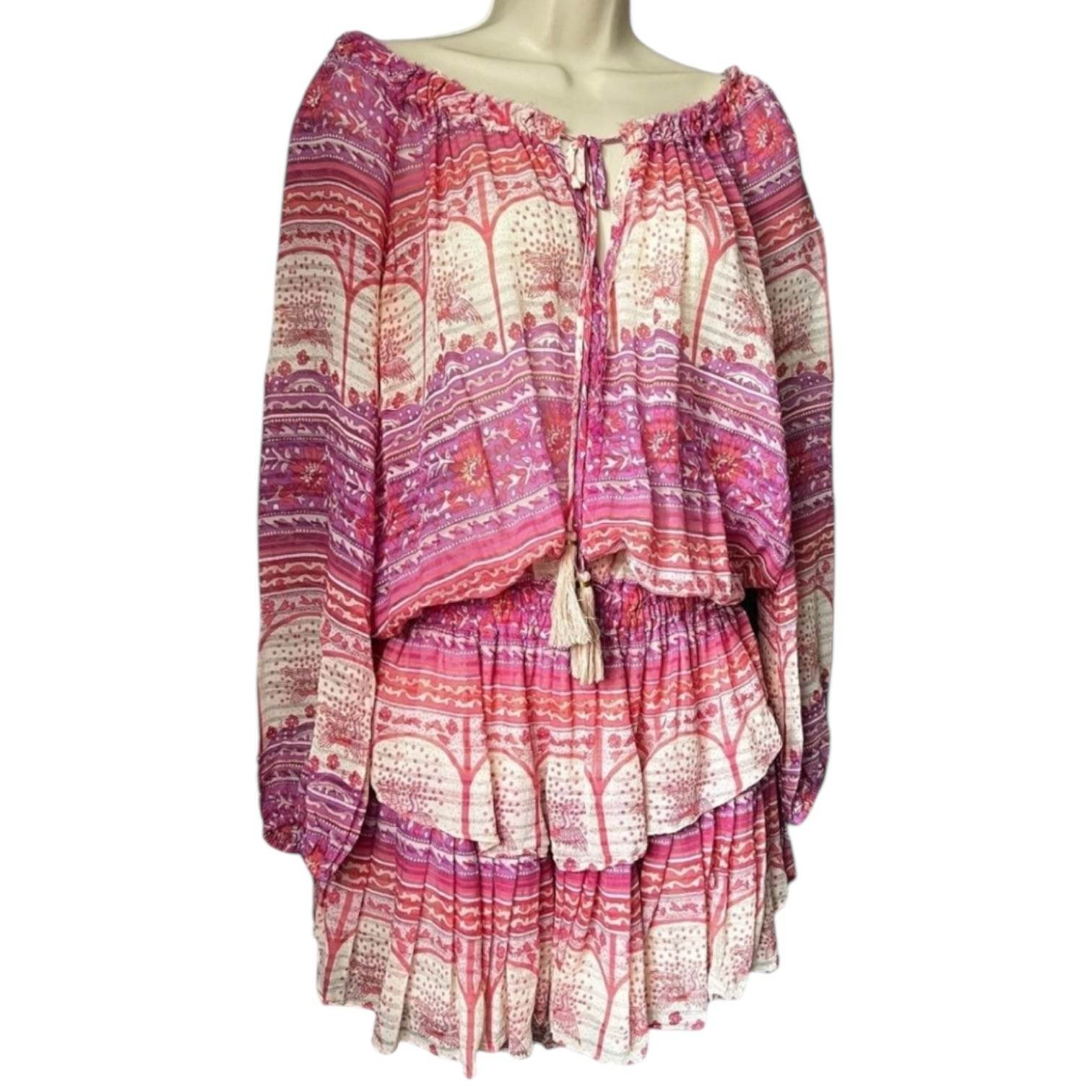 LoveShackFancy Silk Mini Dress – Off-Shoulder, Tiered Skirt, Boho Beach Style, Size L – pre-loved