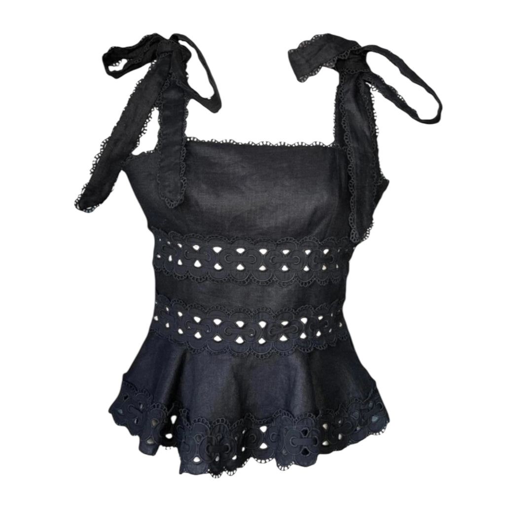 Zimmermann Kirra Linen Peplum Top – Black, Size 0 (UK8)