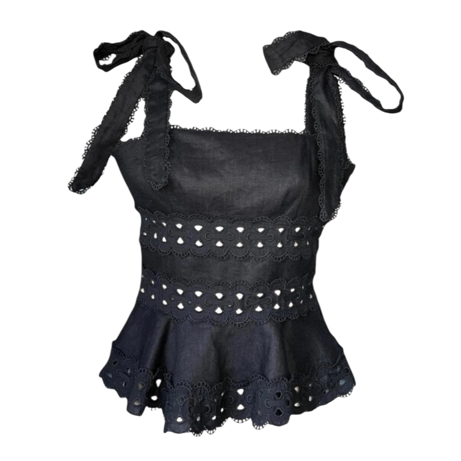 Zimmermann Kirra Linen Peplum Top – Black, Size 0 (UK8)