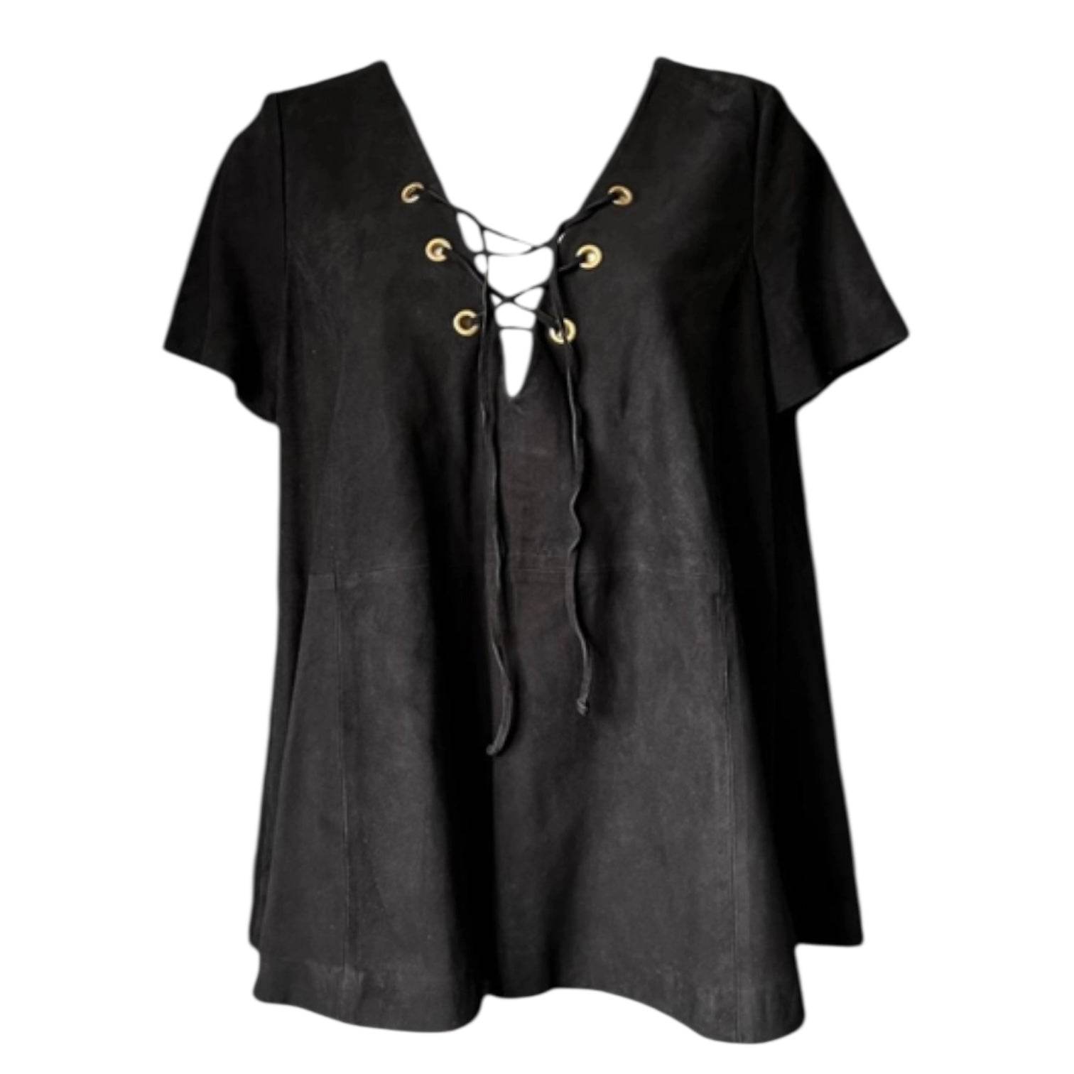 Ba&sh Suede Lace V-Neck Flare Blouse – Black, Size 2 (UK 10) – pre-loved