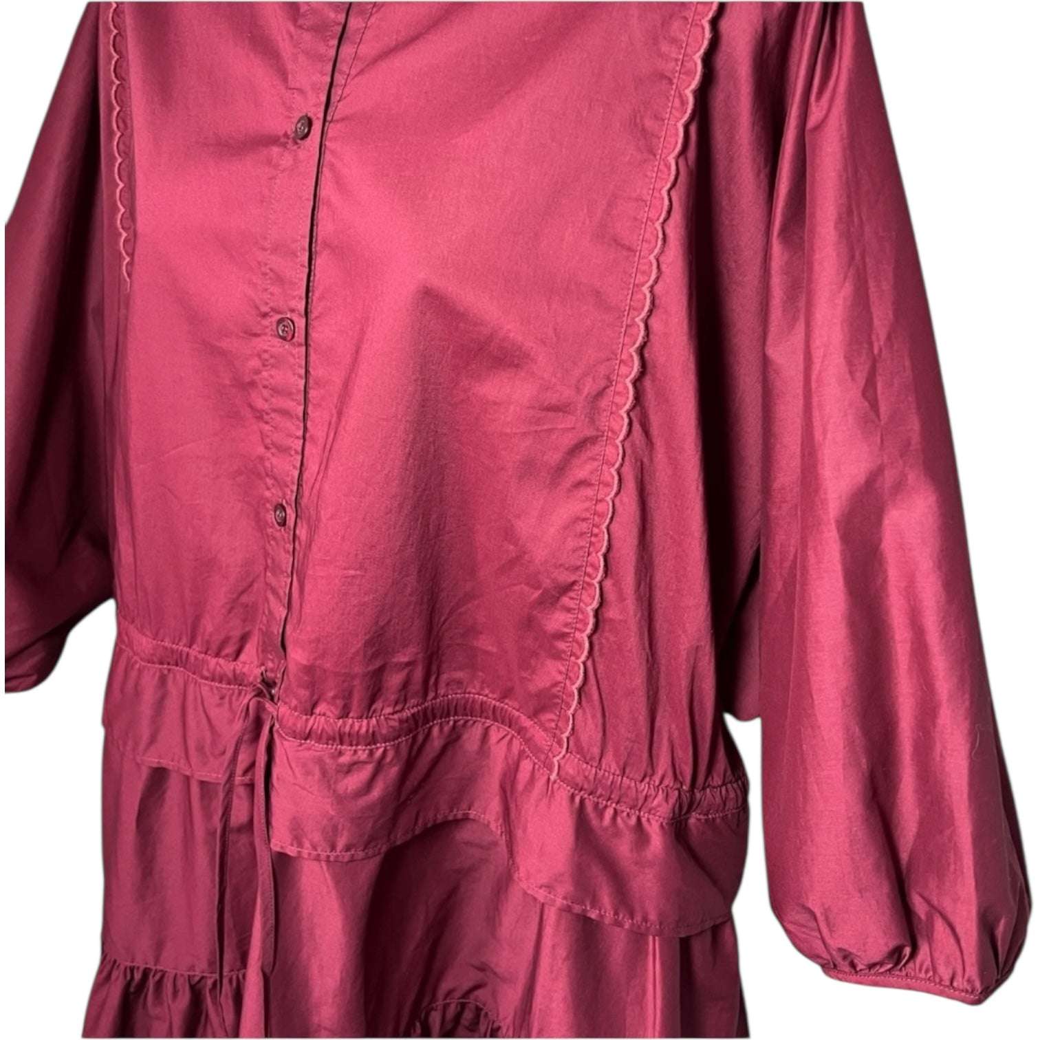 See By Chloé Tiered Ruffle Mini Dress – Red Broderie, Drawstring Waist, FR38 – pre-loved
