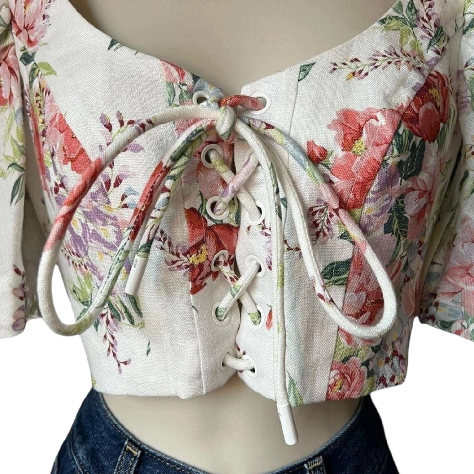 Zimmermann Linen Crop Top – Floral Print, Cottage Boho Chic, Size 0 – pre-loved