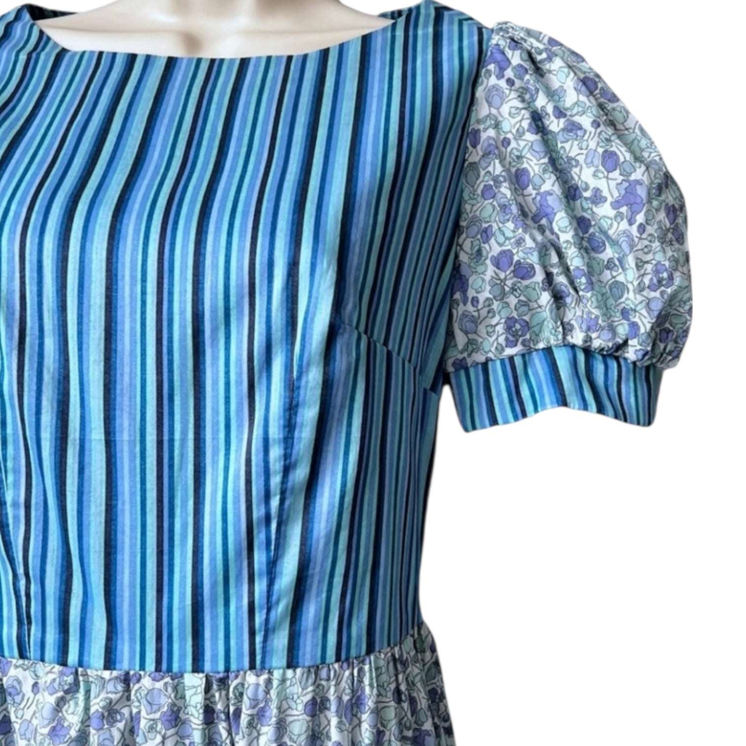 O Pioneers Midi Dress – Handmade Floral & Stripe, Cotton, UK8 – pre-loved