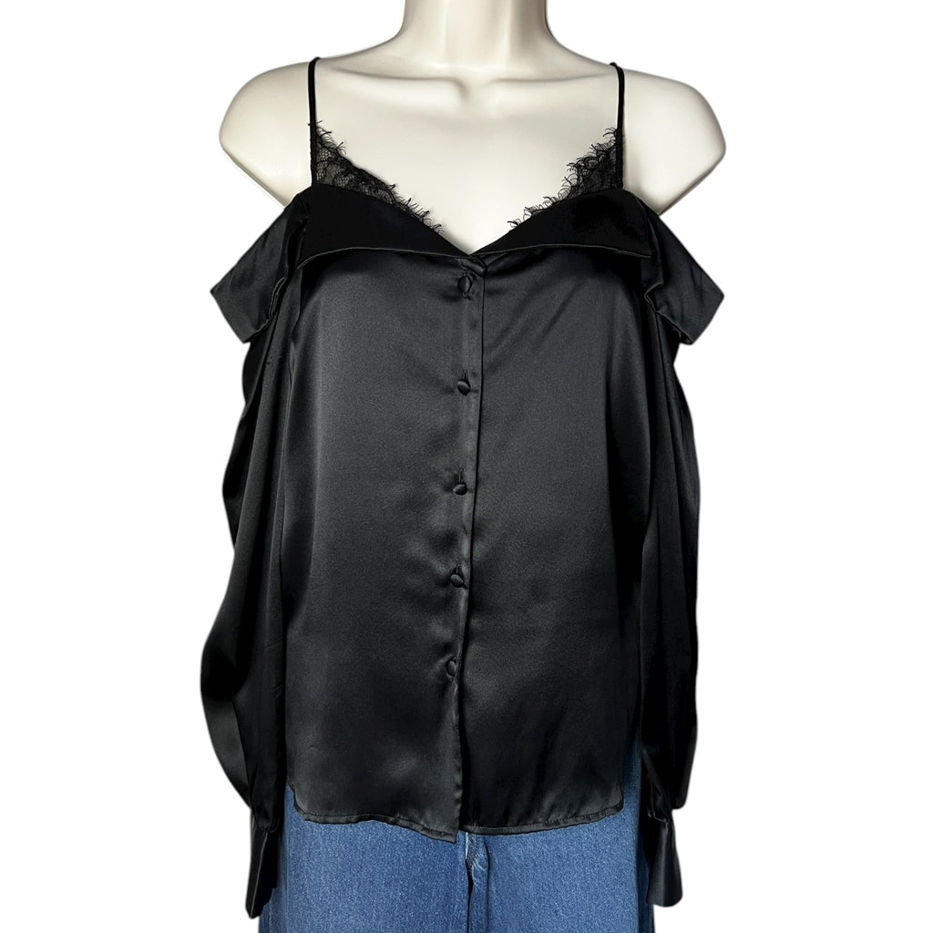 Jonathan Simkhai Caylee Black Silk Lace Plissé Off-Shoulder Blouse – XS