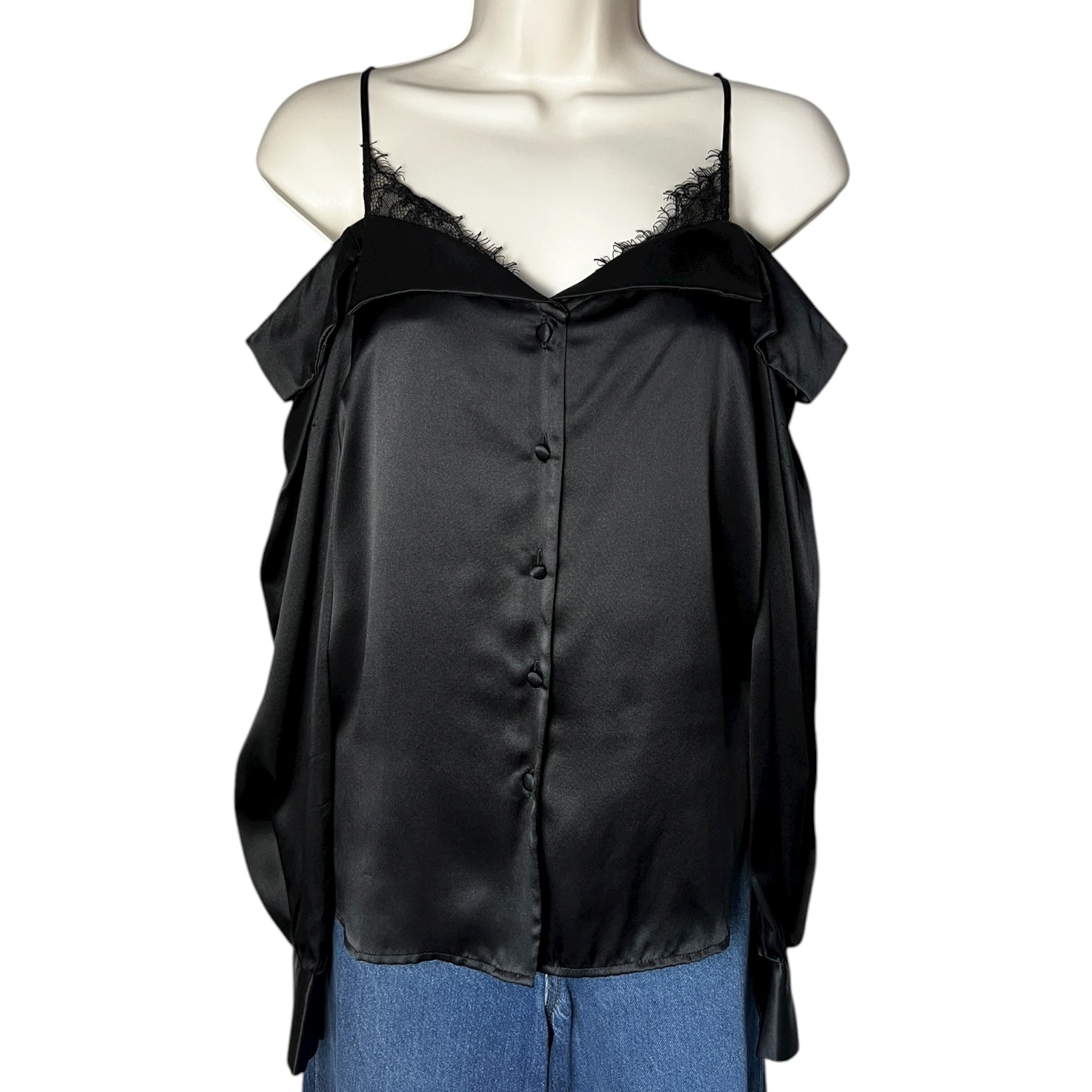 Jonathan Simkhai Caylee Black Silk Lace Plissé Off-Shoulder Blouse – XS