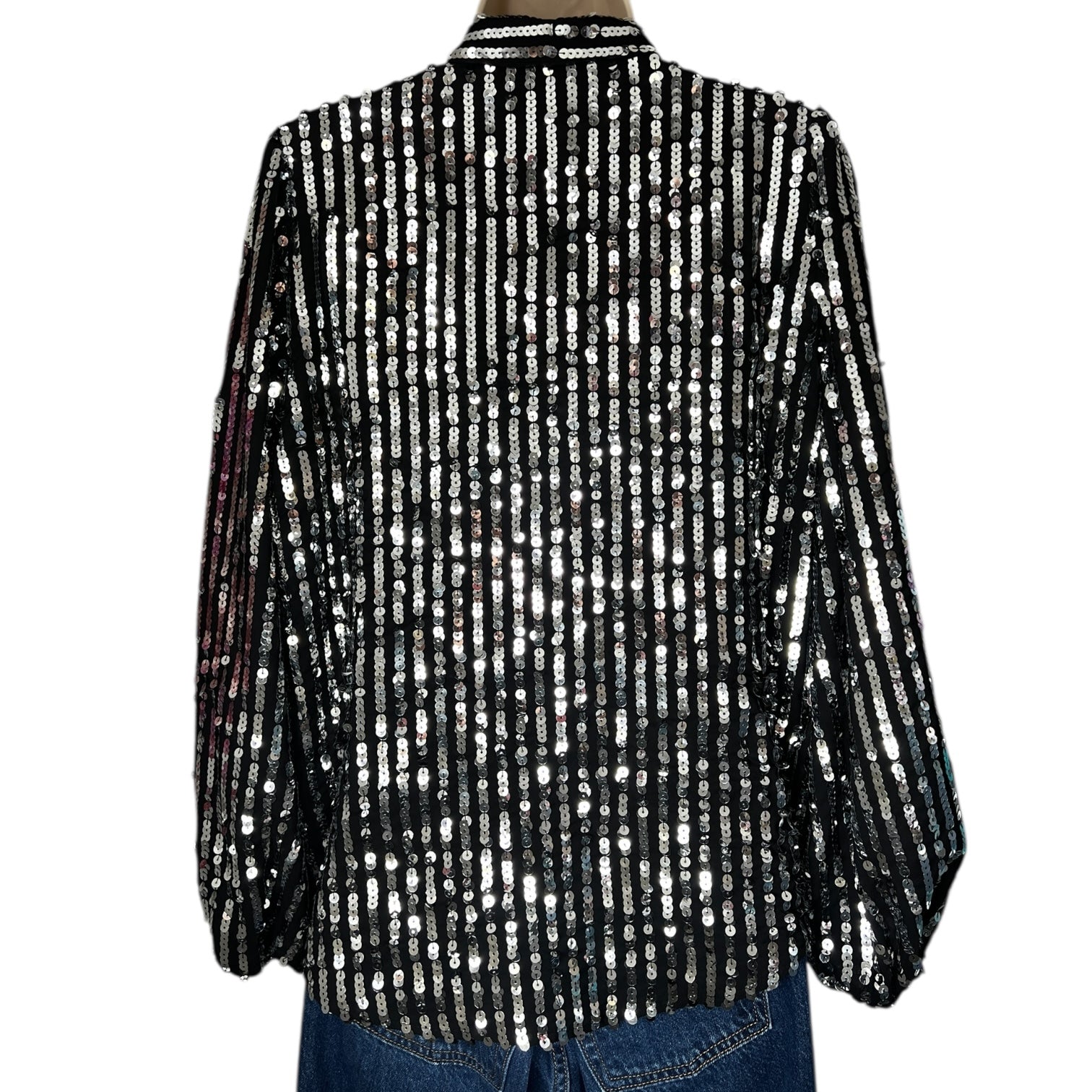 Rixo London Sequin Metallic Pussy Bow Balloon Sleeve Top – M