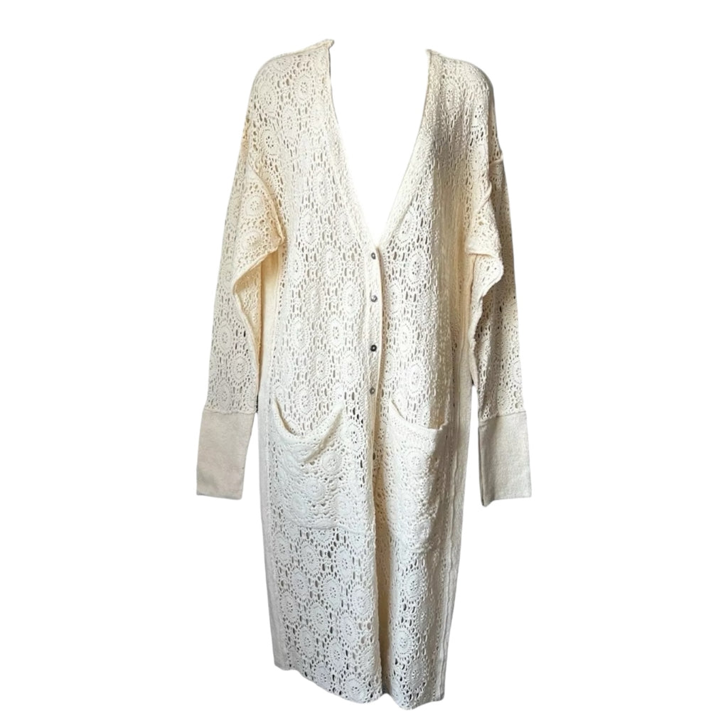 Free People Crochet Lace Duster – Boho Coastal Cardigan, Relaxed Fit, Cotton, Size S – pre-loved