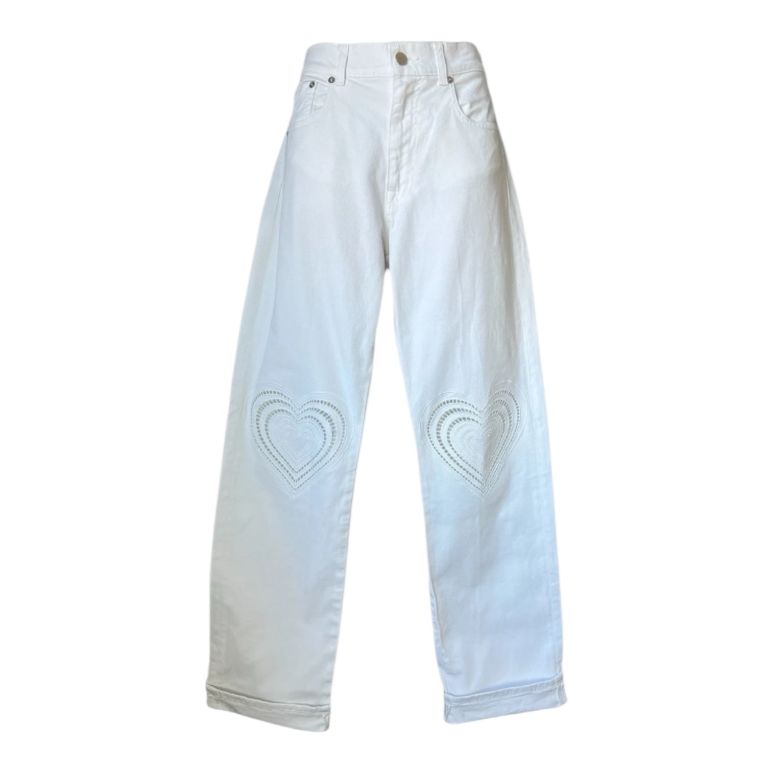 Christopher Kane Heart Embroidered Straight Boyfriend Jeans – White, Sz 25
