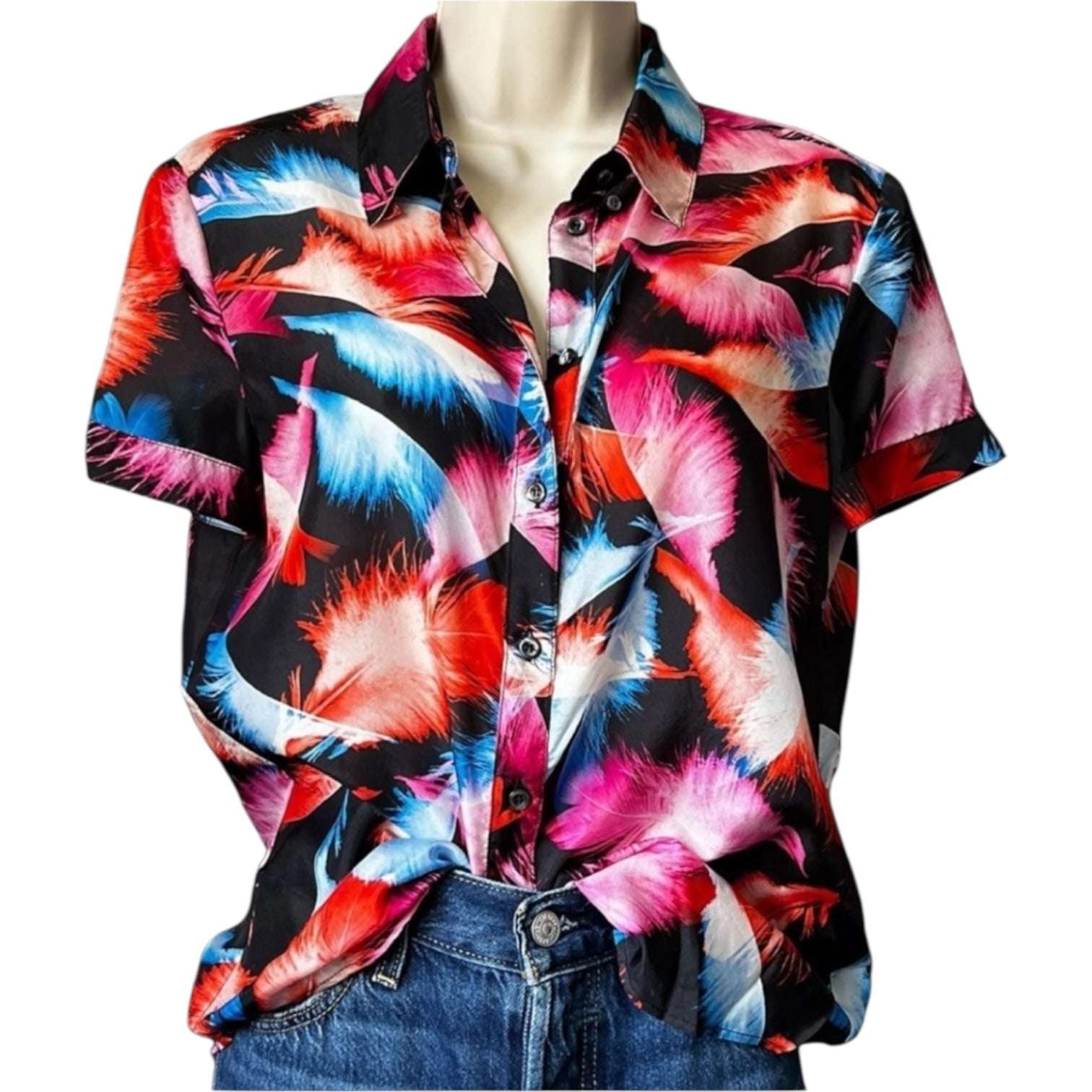 MCQ Alexander McQueen Silk Feather Blouse – Fitted Button-Up, Short Sleeves, IT 44 – pre-loved