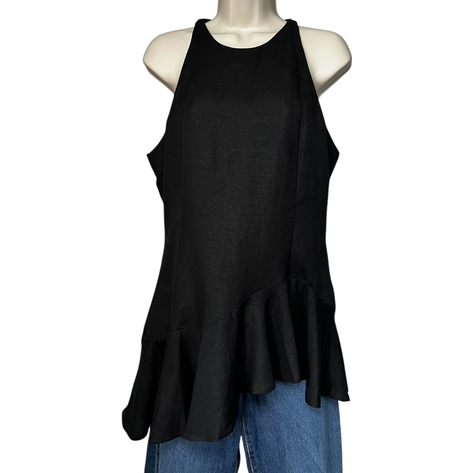 Paper London Linen Asymmetric Peplum Racer Top – Black, UK14