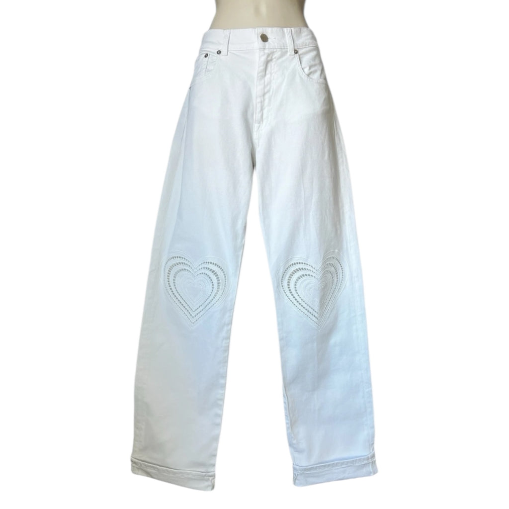 Christopher Kane Heart Embroidered Straight Boyfriend Jeans – White, Sz 25