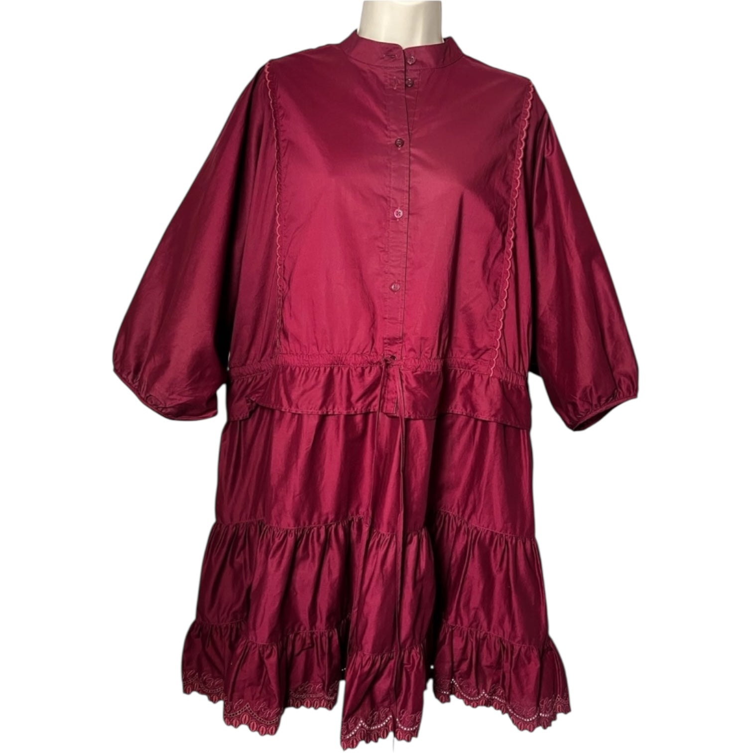 See By Chloé Tiered Ruffle Mini Dress – Red Broderie, Drawstring Waist, FR38 – pre-loved